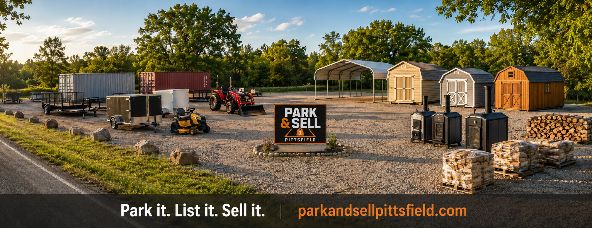 Illustrated Park & Sell display lot with containers, sheds, carports, trailers, boilers, and firewood